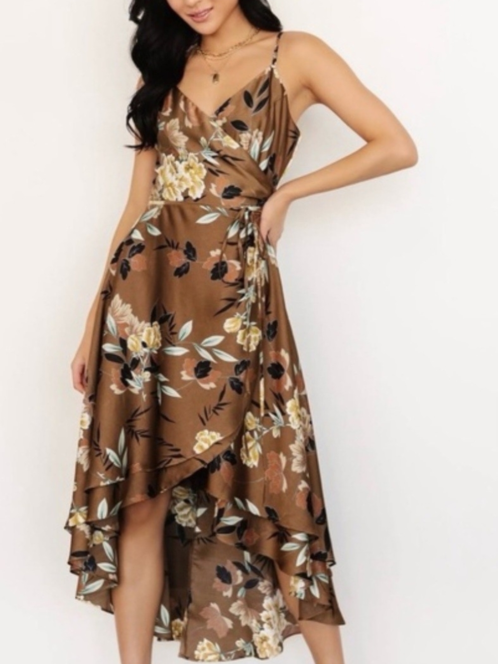 Baltic Born Brown Floral High-Low Wrap Dress